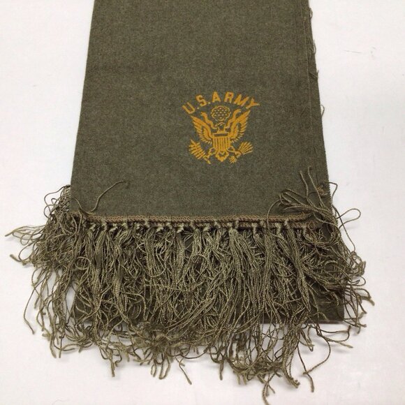 US Army Scarf Green Vintage Wool OG Military Emblem Logo Fringe Rare - Picture 2 of 6